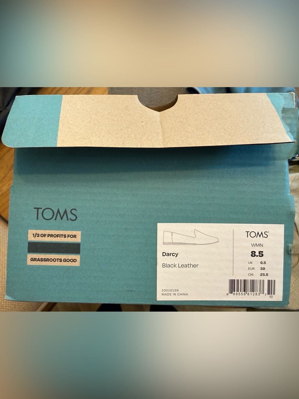 Toms Darcy Black Leather Shoe Box with Teal Branding